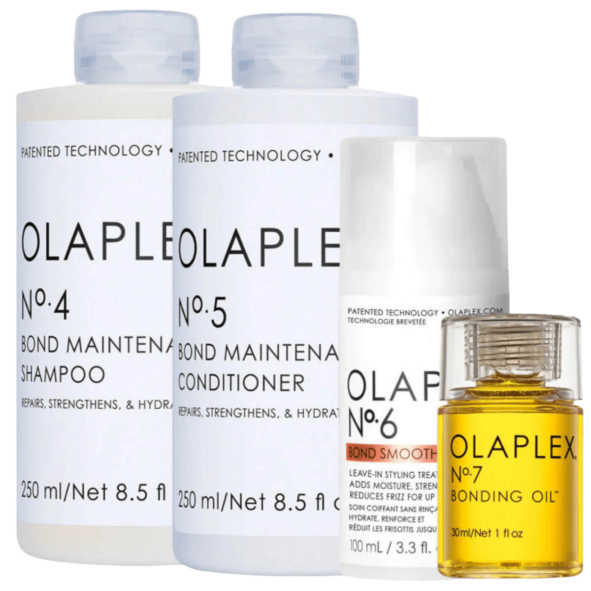Olaplex No. 4 Bond Maintenance Shampoo, No. 5 Bond Maintenance Conditioner, No. 6 Bond Smoother und No. 7 Bonding Oil